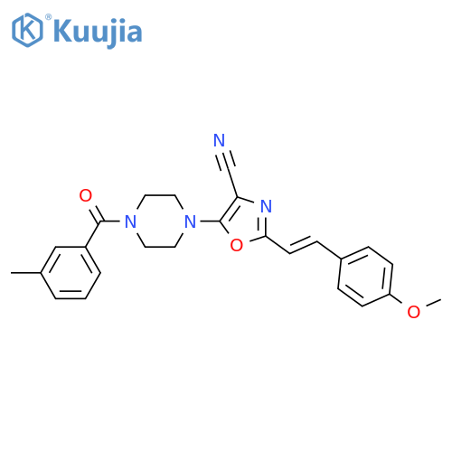 2-(E)-2-(4-methoxyphenyl)ethenyl-5-4-(3-methylbenzoyl)piperazin-1-yl-1,3-oxazole-4-carbonitrile structure