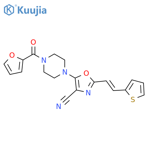 5-4-(furan-2-carbonyl)piperazin-1-yl-2-(E)-2-(thiophen-2-yl)ethenyl-1,3-oxazole-4-carbonitrile structure