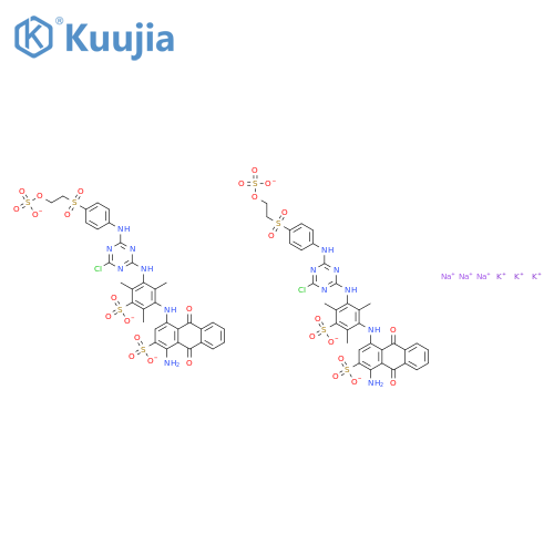 2-Anthracenesulfonicacid,1-amino-4-[[3-[[4-chloro-6-[[4-[[2-(sulfooxy)ethyl]sulfonyl]phenyl]amino]-1,3,5-triazin-2-yl]amino]-2,4,6-trimethyl-5-sulfophenyl]amino]-9,10-dihydro-9,10-dioxo-,potassium sodium salt (1:?:?) structure