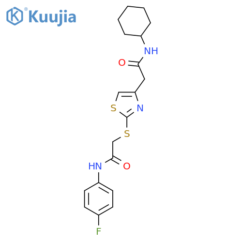2-({4-(cyclohexylcarbamoyl)methyl-1,3-thiazol-2-yl}sulfanyl)-N-(4-fluorophenyl)acetamide structure