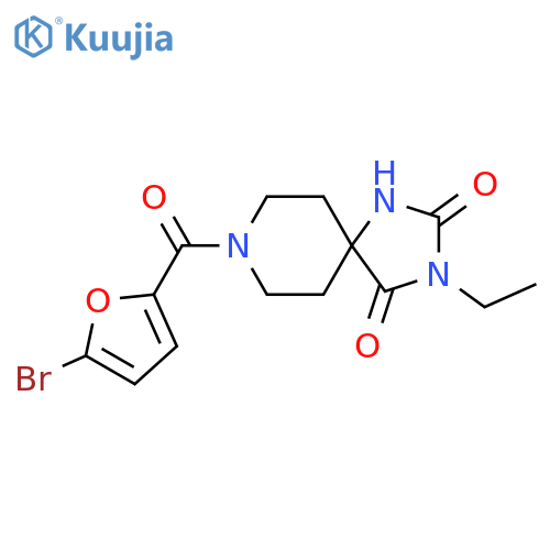 8-(5-bromofuran-2-carbonyl)-3-ethyl-1,3,8-triazaspiro4.5decane-2,4-dione structure