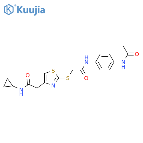 2-({4-(cyclopropylcarbamoyl)methyl-1,3-thiazol-2-yl}sulfanyl)-N-(4-acetamidophenyl)acetamide structure