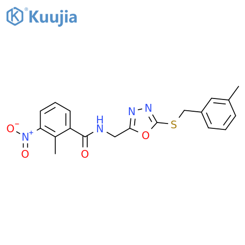 2-methyl-N-(5-{(3-methylphenyl)methylsulfanyl}-1,3,4-oxadiazol-2-yl)methyl-3-nitrobenzamide structure