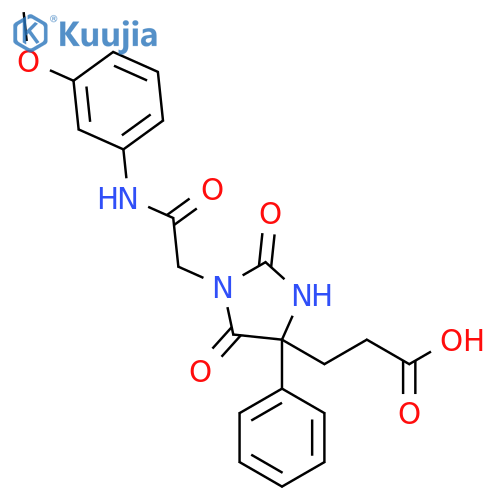 3-(1-{(3-methoxyphenyl)carbamoylmethyl}-2,5-dioxo-4-phenylimidazolidin-4-yl)propanoic acid structure