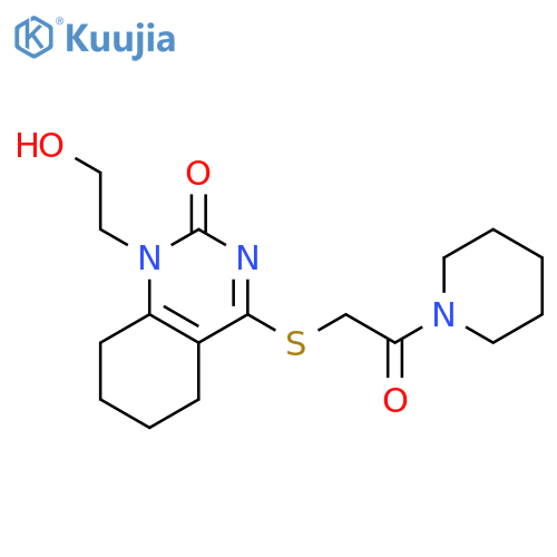 1-(2-hydroxyethyl)-4-(2-oxo-2-piperidin-1-ylethyl)sulfanyl-5,6,7,8-tetrahydroquinazolin-2-one structure