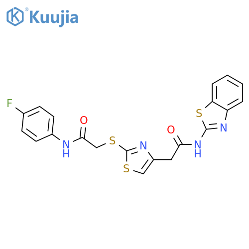 2-(4-{(1,3-benzothiazol-2-yl)carbamoylmethyl}-1,3-thiazol-2-yl)sulfanyl-N-(4-fluorophenyl)acetamide structure
