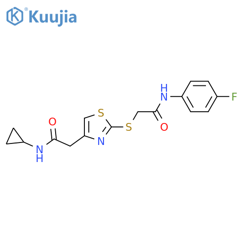 2-({4-(cyclopropylcarbamoyl)methyl-1,3-thiazol-2-yl}sulfanyl)-N-(4-fluorophenyl)acetamide structure