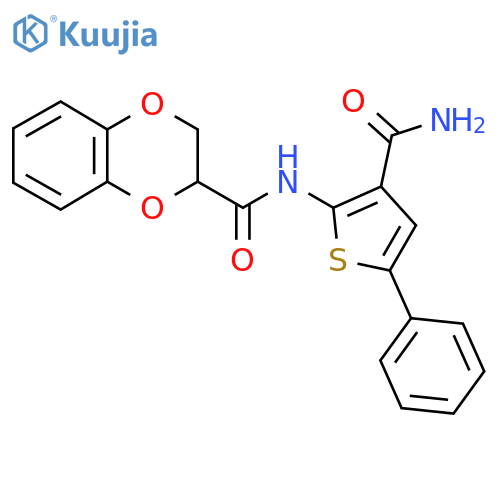 N-(3-carbamoyl-5-phenylthiophen-2-yl)-2,3-dihydro-1,4-benzodioxine-2-carboxamide structure