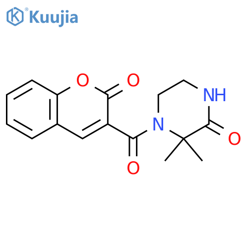 3,3-dimethyl-4-(2-oxo-2H-chromene-3-carbonyl)piperazin-2-one structure