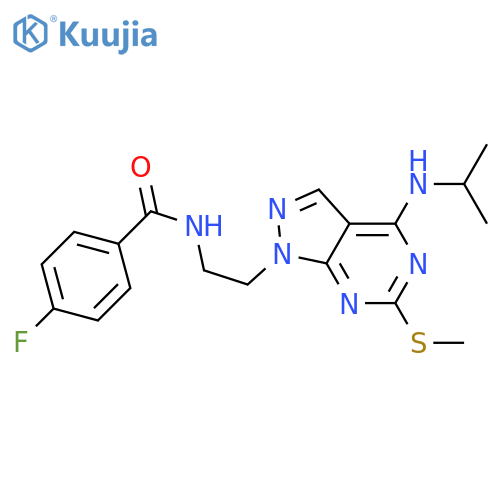 4-fluoro-N-{2-6-(methylsulfanyl)-4-(propan-2-yl)amino-1H-pyrazolo3,4-dpyrimidin-1-ylethyl}benzamide structure