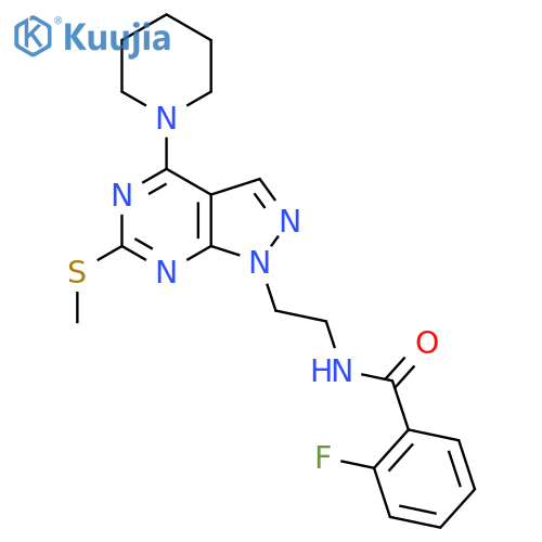 2-fluoro-N-{2-6-(methylsulfanyl)-4-(piperidin-1-yl)-1H-pyrazolo3,4-dpyrimidin-1-ylethyl}benzamide structure