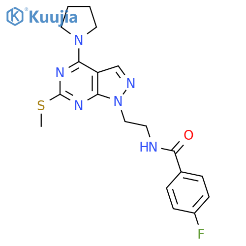 4-fluoro-N-{2-6-(methylsulfanyl)-4-(pyrrolidin-1-yl)-1H-pyrazolo3,4-dpyrimidin-1-ylethyl}benzamide structure