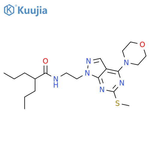 N-{2-6-(methylsulfanyl)-4-(morpholin-4-yl)-1H-pyrazolo3,4-dpyrimidin-1-ylethyl}-2-propylpentanamide structure