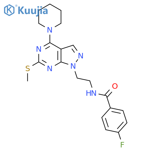 4-fluoro-N-{2-6-(methylsulfanyl)-4-(piperidin-1-yl)-1H-pyrazolo3,4-dpyrimidin-1-ylethyl}benzamide structure