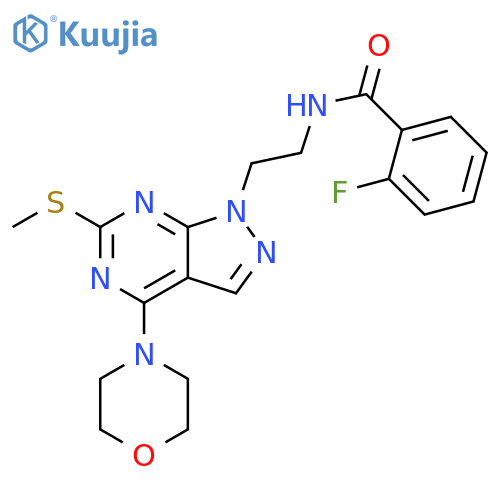 2-fluoro-N-{2-6-(methylsulfanyl)-4-(morpholin-4-yl)-1H-pyrazolo3,4-dpyrimidin-1-ylethyl}benzamide structure