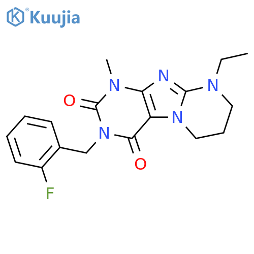 9-ethyl-3-(2-fluorophenyl)methyl-1-methyl-1H,2H,3H,4H,6H,7H,8H,9H-pyrimido1,2-gpurine-2,4-dione structure