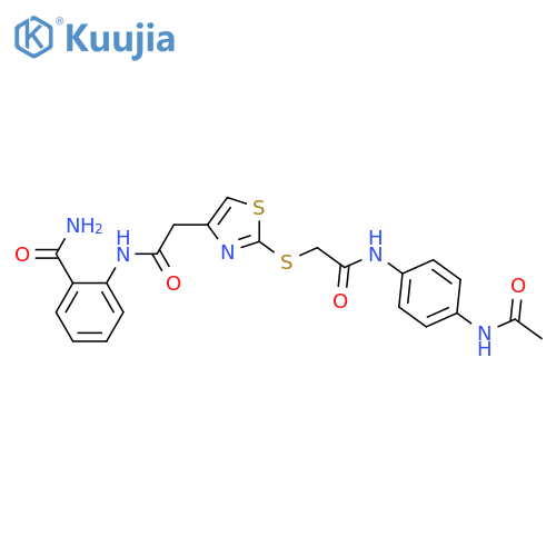 2-{2-2-({(4-acetamidophenyl)carbamoylmethyl}sulfanyl)-1,3-thiazol-4-ylacetamido}benzamide structure