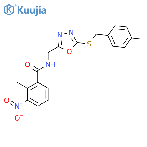 2-methyl-N-(5-{(4-methylphenyl)methylsulfanyl}-1,3,4-oxadiazol-2-yl)methyl-3-nitrobenzamide structure