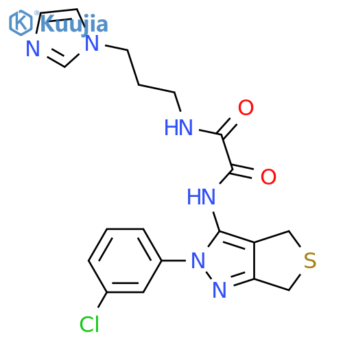 N-2-(3-chlorophenyl)-2H,4H,6H-thieno3,4-cpyrazol-3-yl-N'-3-(1H-imidazol-1-yl)propylethanediamide structure