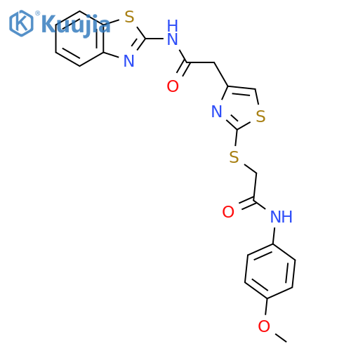 2-(4-{(1,3-benzothiazol-2-yl)carbamoylmethyl}-1,3-thiazol-2-yl)sulfanyl-N-(4-methoxyphenyl)acetamide structure