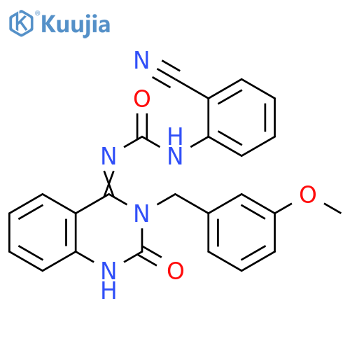 1-(2-cyanophenyl)-3-(4E)-3-(3-methoxyphenyl)methyl-2-oxo-1,2,3,4-tetrahydroquinazolin-4-ylideneurea structure