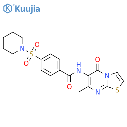N-{7-methyl-5-oxo-5H-1,3thiazolo3,2-apyrimidin-6-yl}-4-(piperidine-1-sulfonyl)benzamide structure
