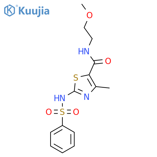 2-benzenesulfonamido-N-(2-methoxyethyl)-4-methyl-1,3-thiazole-5-carboxamide structure