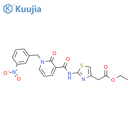 ethyl 2-(2-{1-(3-nitrophenyl)methyl-2-oxo-1,2-dihydropyridine-3-amido}-1,3-thiazol-4-yl)acetate structure