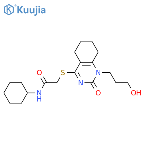 N-cyclohexyl-2-{1-(3-hydroxypropyl)-2-oxo-1,2,5,6,7,8-hexahydroquinazolin-4-ylsulfanyl}acetamide structure