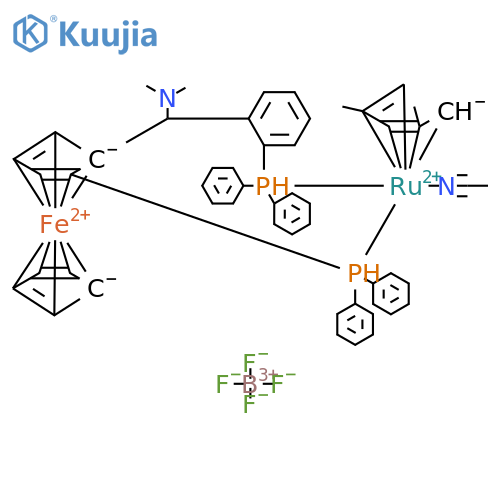 ((S)-1-Diphenyl phosphino-2-[(R)-a-(N,N-dimethyl amino)-o-diphenyl phosphinophenyl)methyl]ferrocene)-(eta5-2,4-dimethyl pentadienyl)(N-acetonitrile)ruthenium(II)tetrafluoroborate structure