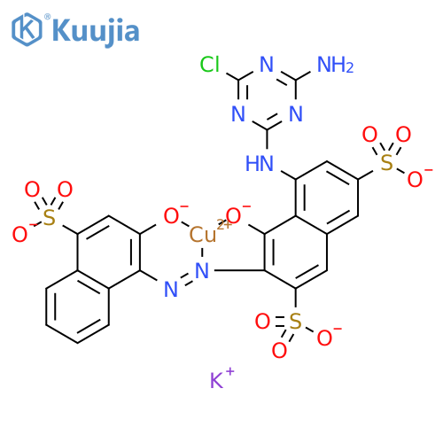 tripotassium [5-[(4-amino-6-chloro-1,3,5-triazin-2-yl)amino]-4-hydroxy-3-[(2-hydroxy-4-sulpho-1-naphthyl)azo]naphthalene-2,7-disulphonato(5-)]cuprate(3-) structure