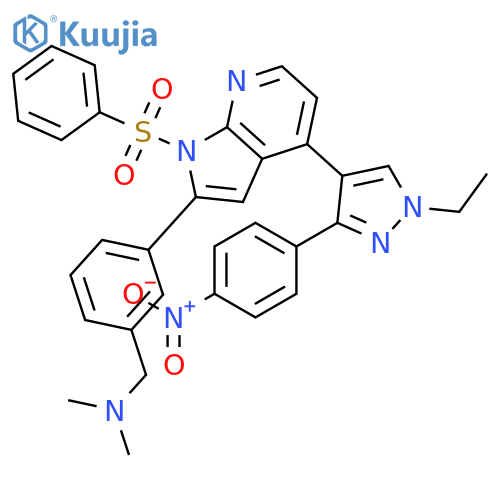 1-(3-(4-(1-ethyl-3-(4-nitrophenyl)-1H-pyrazol-4-yl)-1-(phenylsulfonyl)-1H-pyrrolo[2,3-b]pyridin-2-yl)phenyl)-N,N-dimethylmethanamine structure