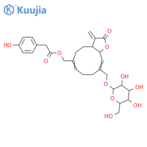 Benzeneacetic acid, 4-hydroxy-, [(3aS,6Z,10Z,11aR)-10-[(β-D-glucopyranosyloxy)methyl]-2,3,3a,4,5,8,9,11a-octahydro-3-methylene-2-oxocyclodeca[b]furan-6-yl]methyl ester (9CI) structure