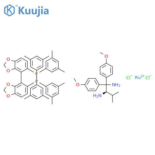 [4-[5-Bis(3,5-dimethylphenyl)phosphanyl-1,3-benzodioxol-4-yl]-1,3-benzodioxol-5-yl]-bis(3,5-dimethylphenyl)phosphane;(2R)-1,1-bis(4-methoxyphenyl)-3-methylbutane-1,2-diamine;dichlororuthenium structure