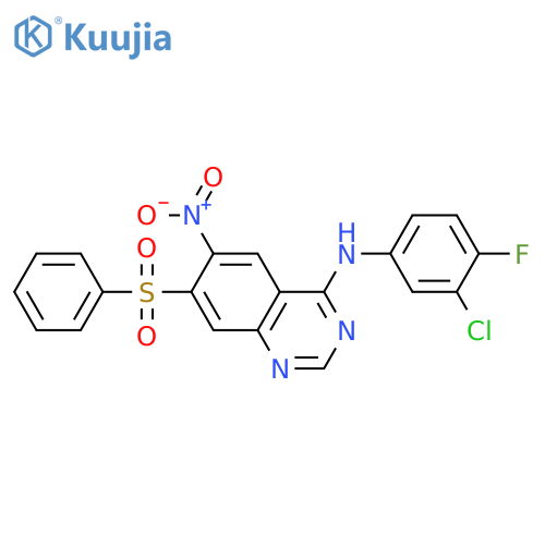 7-(benzenesulfonyl)-N-(3-chloro-4-fluoro-phenyl)-6-nitro-quinazolin-4-amine structure