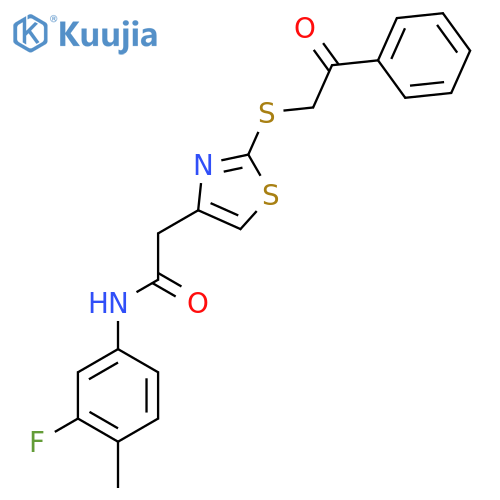 N-(3-fluoro-4-methylphenyl)-2-{2-(2-oxo-2-phenylethyl)sulfanyl-1,3-thiazol-4-yl}acetamide structure