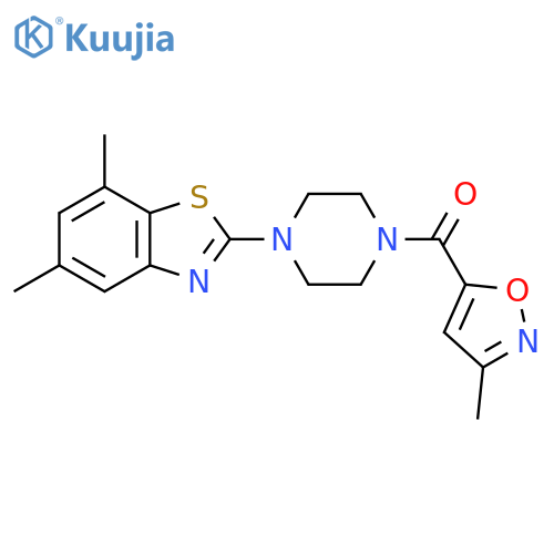 5,7-dimethyl-2-4-(3-methyl-1,2-oxazole-5-carbonyl)piperazin-1-yl-1,3-benzothiazole structure