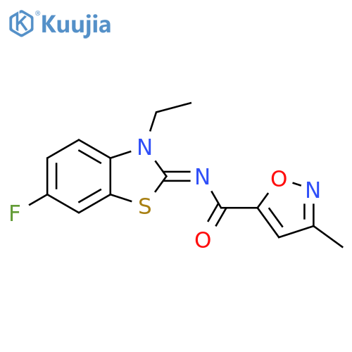 N-(2E)-3-ethyl-6-fluoro-2,3-dihydro-1,3-benzothiazol-2-ylidene-3-methyl-1,2-oxazole-5-carboxamide structure