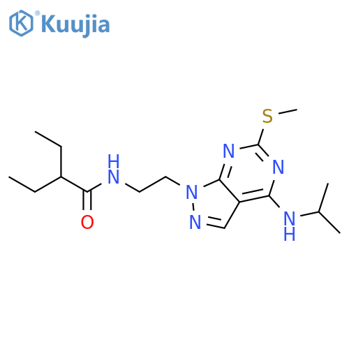 2-ethyl-N-{2-6-(methylsulfanyl)-4-(propan-2-yl)amino-1H-pyrazolo3,4-dpyrimidin-1-ylethyl}butanamide structure