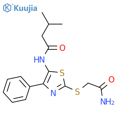 N-{2-(carbamoylmethyl)sulfanyl-4-phenyl-1,3-thiazol-5-yl}-3-methylbutanamide structure