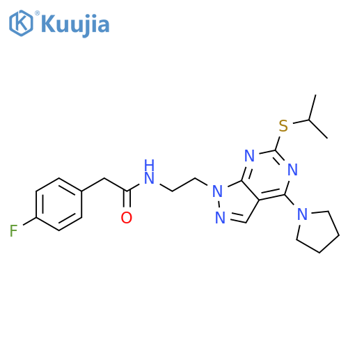 2-(4-fluorophenyl)-N-{2-6-(propan-2-ylsulfanyl)-4-(pyrrolidin-1-yl)-1H-pyrazolo3,4-dpyrimidin-1-ylethyl}acetamide structure