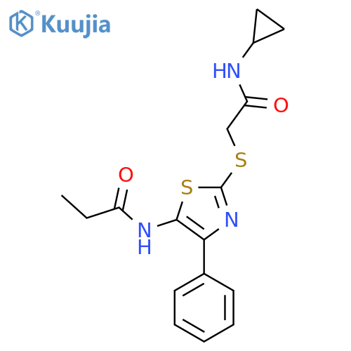 N-(2-{(cyclopropylcarbamoyl)methylsulfanyl}-4-phenyl-1,3-thiazol-5-yl)propanamide structure
