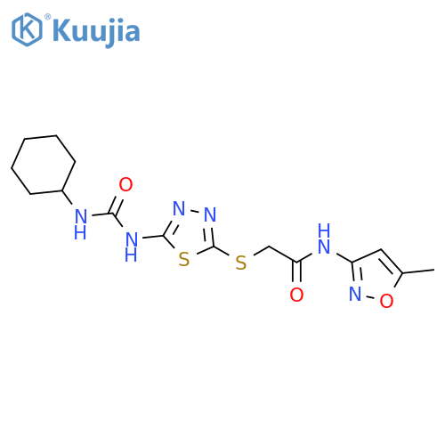 2-({5-(cyclohexylcarbamoyl)amino-1,3,4-thiadiazol-2-yl}sulfanyl)-N-(5-methyl-1,2-oxazol-3-yl)acetamide structure