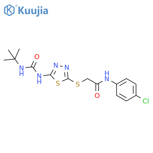 2-({5-(tert-butylcarbamoyl)amino-1,3,4-thiadiazol-2-yl}sulfanyl)-N-(4-chlorophenyl)acetamide structure