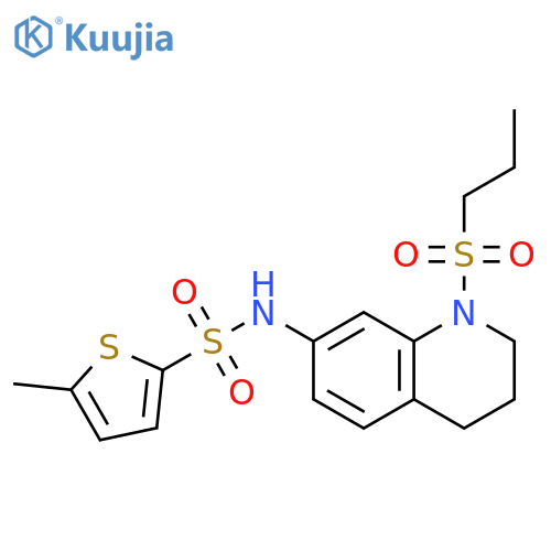 5-methyl-N-1-(propane-1-sulfonyl)-1,2,3,4-tetrahydroquinolin-7-ylthiophene-2-sulfonamide structure