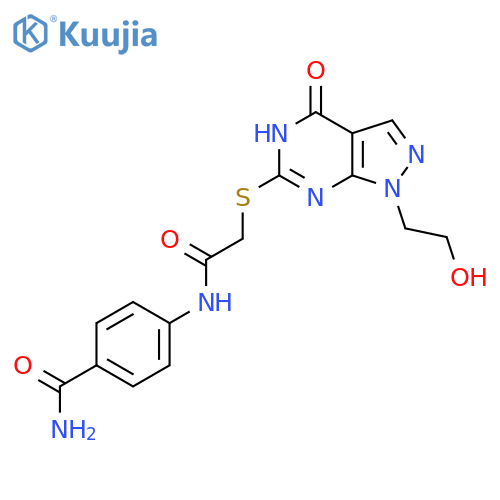 4-(2-{1-(2-hydroxyethyl)-4-oxo-1H,4H,5H-pyrazolo3,4-dpyrimidin-6-ylsulfanyl}acetamido)benzamide structure
