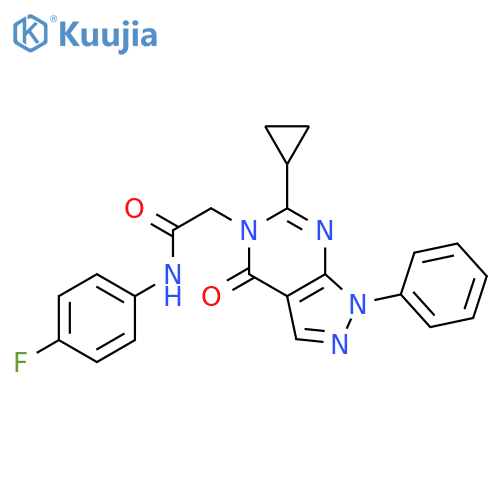 2-{6-cyclopropyl-4-oxo-1-phenyl-1H,4H,5H-pyrazolo3,4-dpyrimidin-5-yl}-N-(4-fluorophenyl)acetamide structure