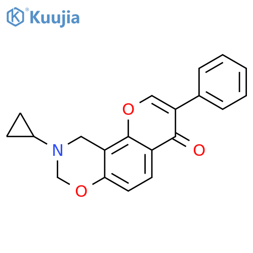 9-cyclopropyl-3-phenyl-4H,8H,9H,10H-chromeno8,7-e1,3oxazin-4-one structure