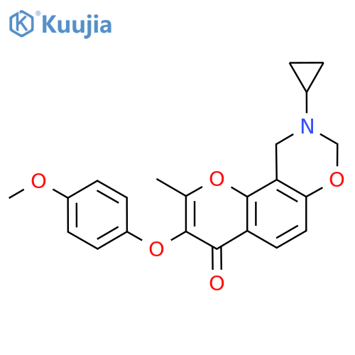9-cyclopropyl-3-(4-methoxyphenoxy)-2-methyl-4H,8H,9H,10H-chromeno8,7-e1,3oxazin-4-one structure
