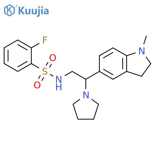2-fluoro-N-2-(1-methyl-2,3-dihydro-1H-indol-5-yl)-2-(pyrrolidin-1-yl)ethylbenzene-1-sulfonamide structure